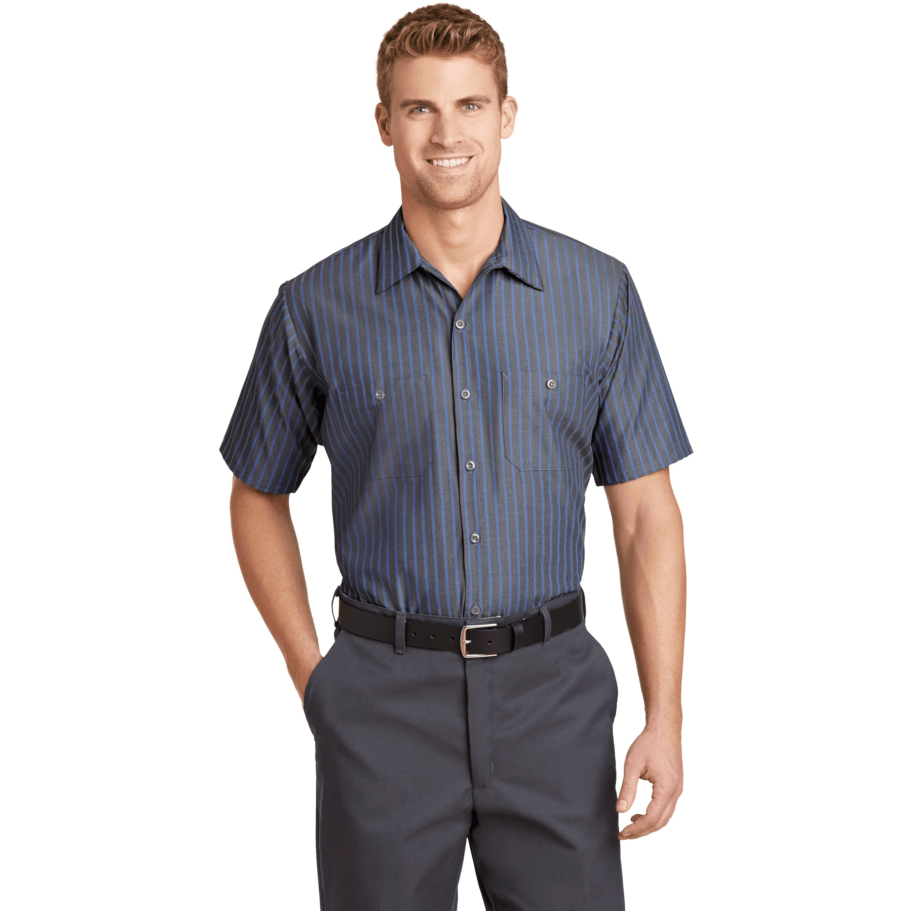 Short Sleeve Striped Industrial Work Shirt.
